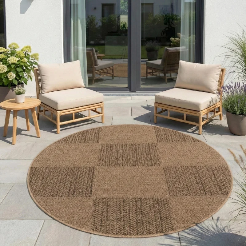 Timber – Geblokt Rond Beige met Sisal-Look – Binnen & Buiten Vloerkleed – Laagpolig