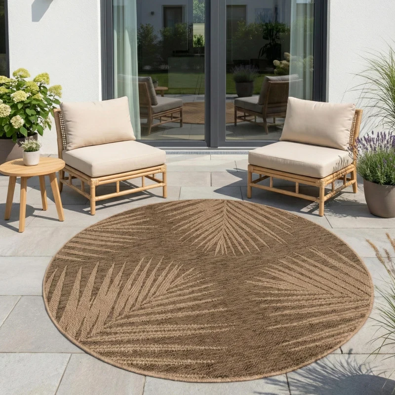 Timber – Bladmotief Rond Beige met Sisal-Look – Binnen & Buiten Vloerkleed – Laagpolig