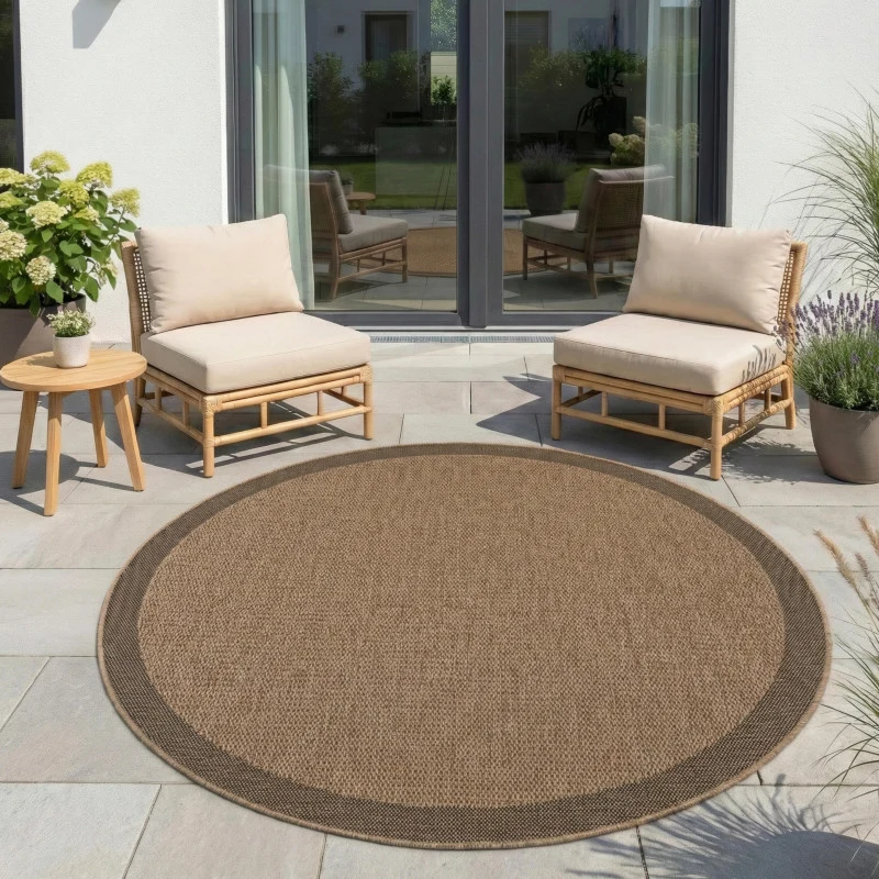Timber – Kaderdesign Rond Beige met Jute-Look – Binnen & Buiten Vloerkleed – Laagpolig