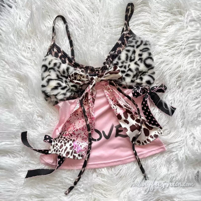 Leopard print bowknot self tie cami top