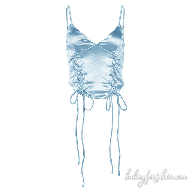 Metallic v neck lace up backless cami top