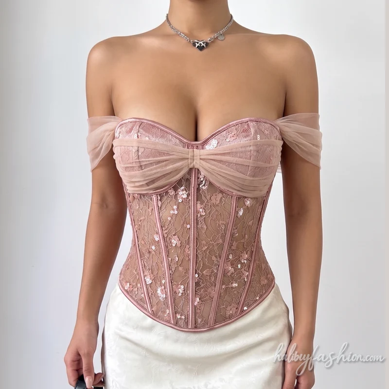 Glitter lace ruched corset lace up top