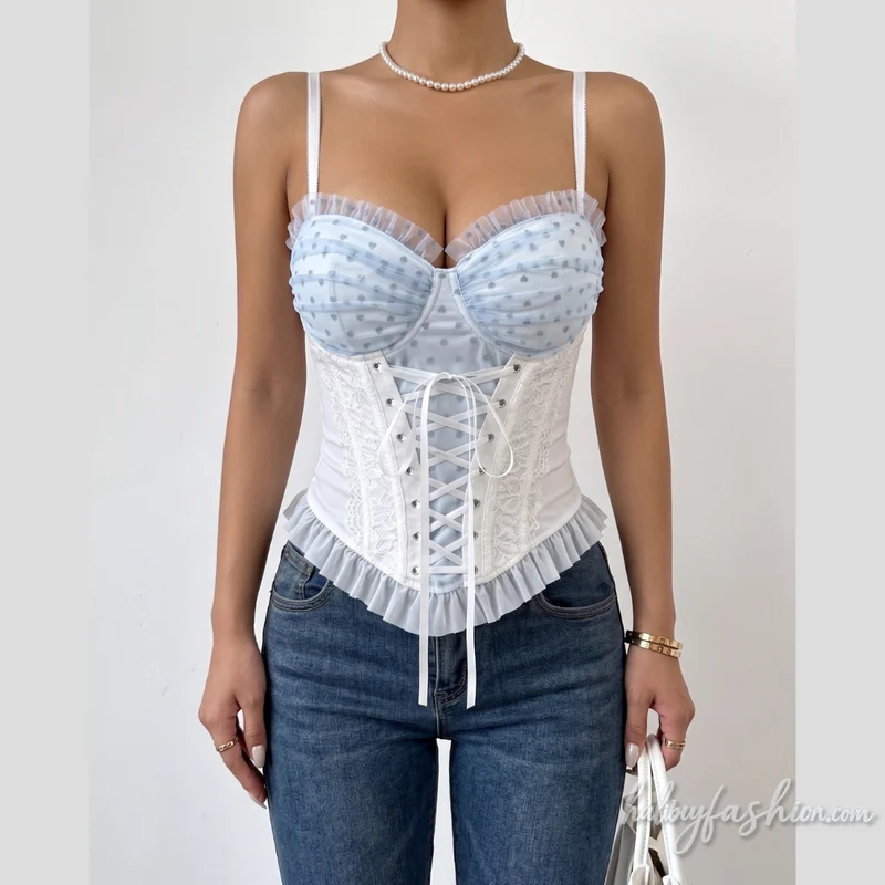 Corset ruffle polka dot lace up v neck cami top