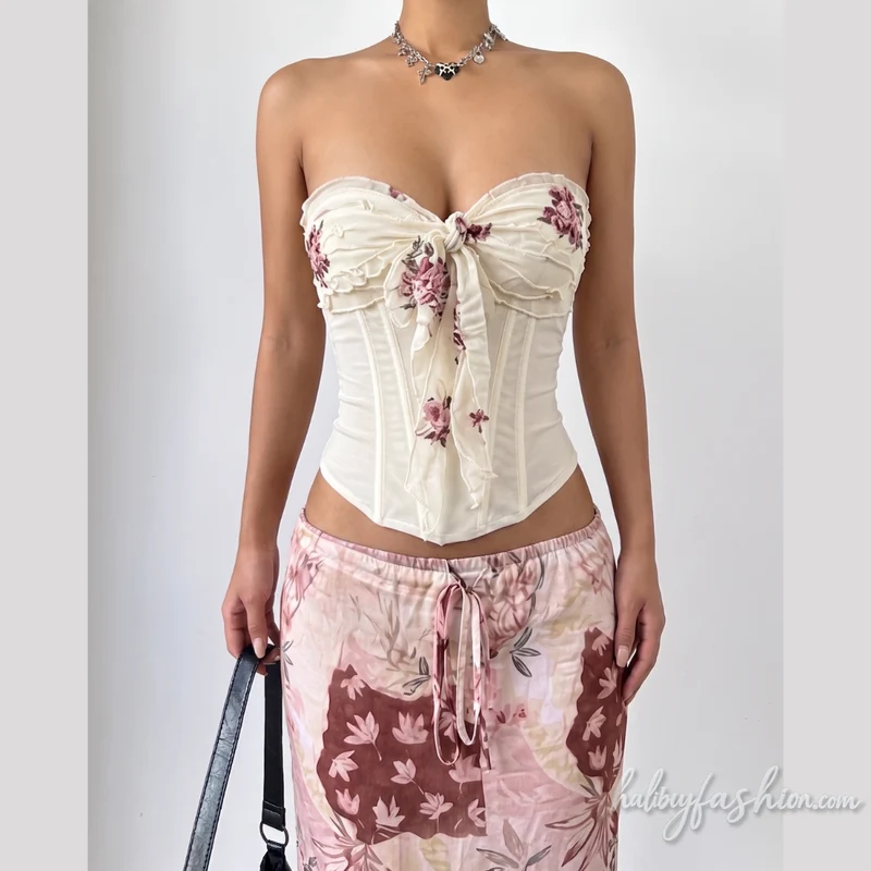 Going out sweetheart neck ruffle flower print tube top
