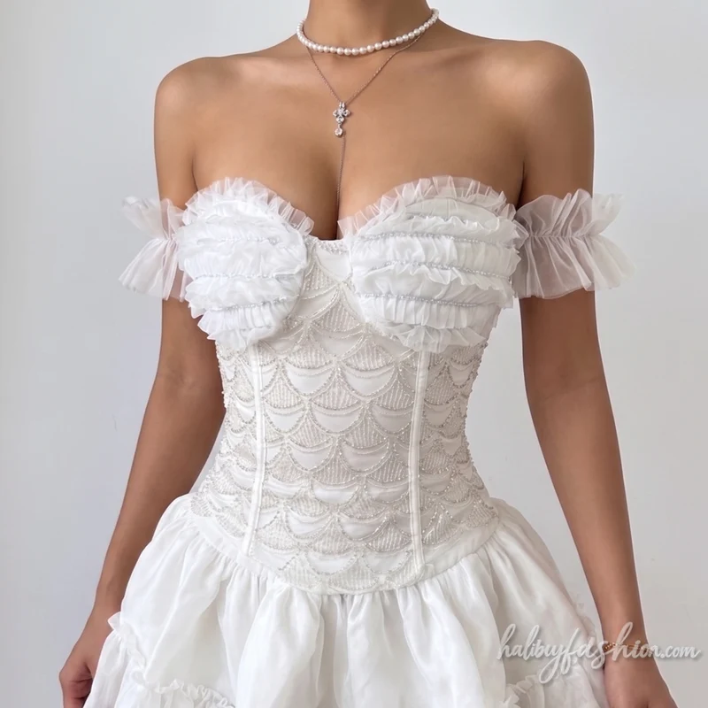 Off shoulder ruffle glitter ruched tube top