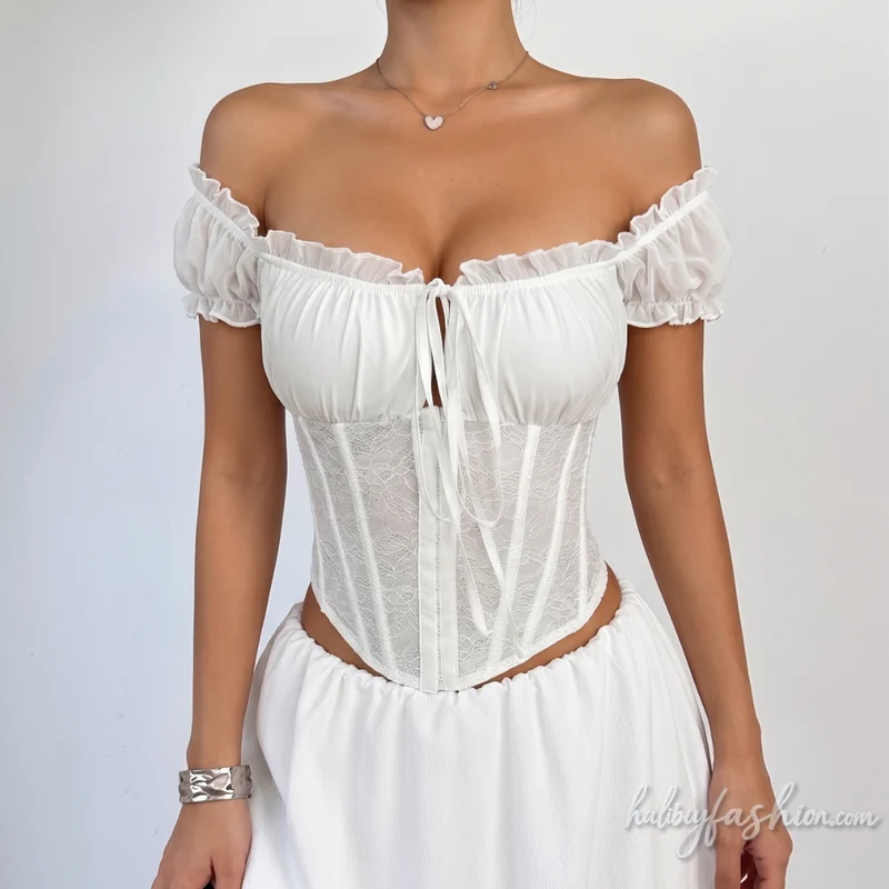 Lace ruffle self tie cut out ruched corset top