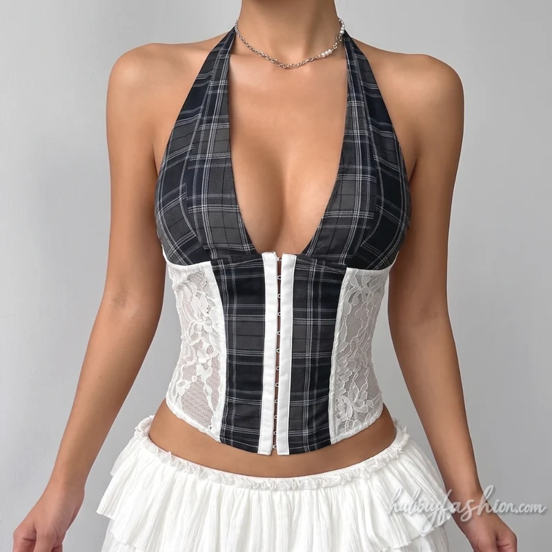 Lace plaid patchwork halter v neck top