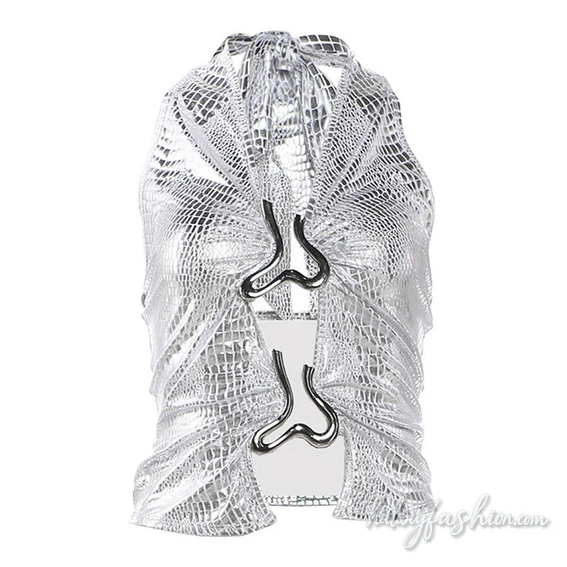 Metallic halter cut out ruched v neck top