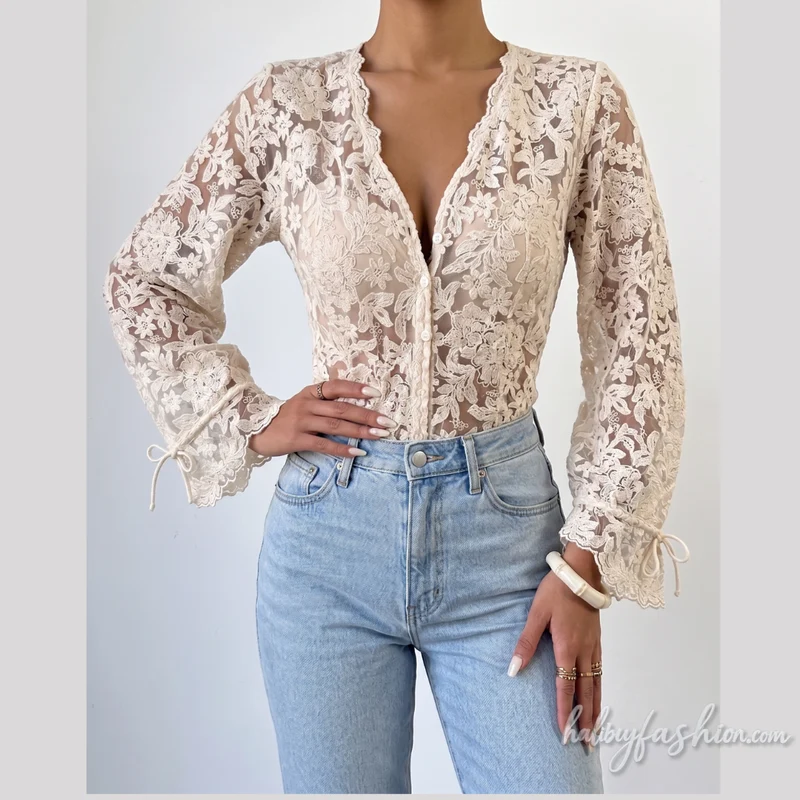 Lace long sleeve self tie button v neck crop top