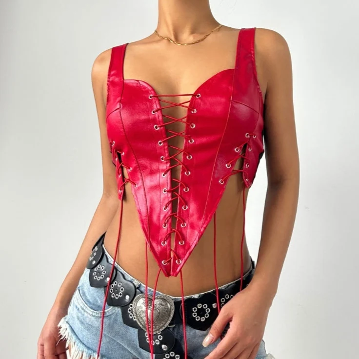 Leather lace up patchwork tank top-final-sale