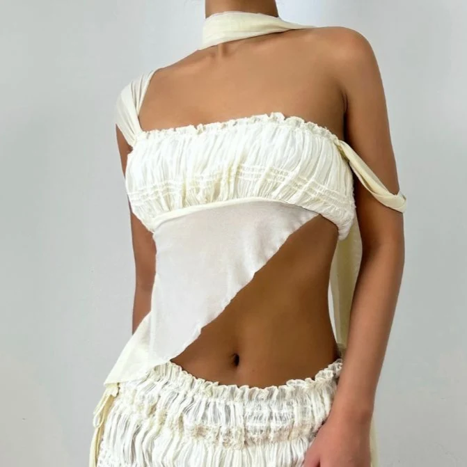 Ruched irregular square neck solid tank top-final-sale