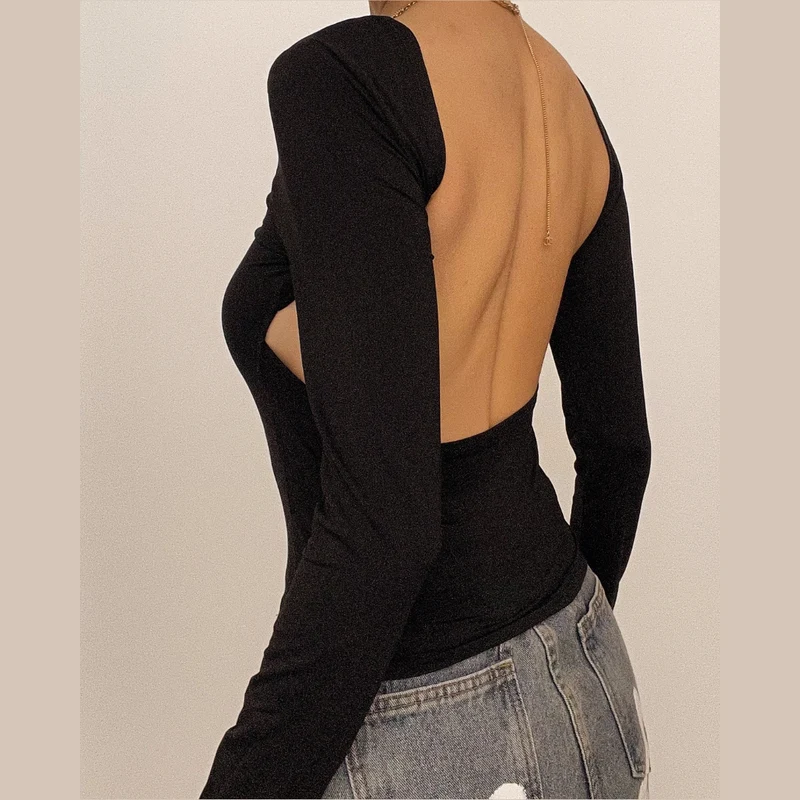 Backless cut out long sleeve solid top-final-sale