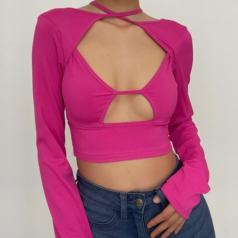 Cut out ribbed cross front long sleeve crop top-final-sale