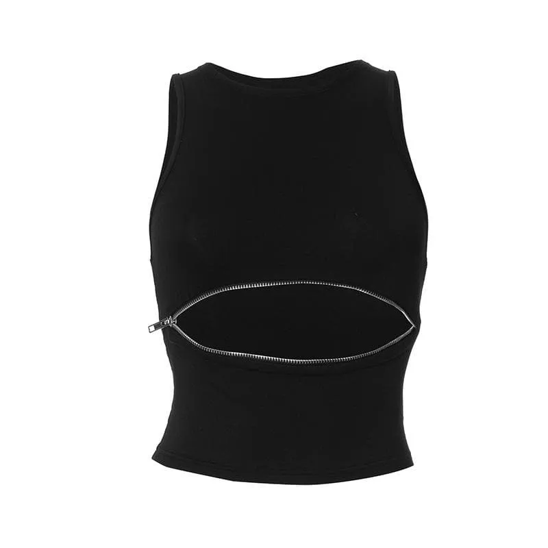 Cut out crewneck zip-up tank top-final-sale