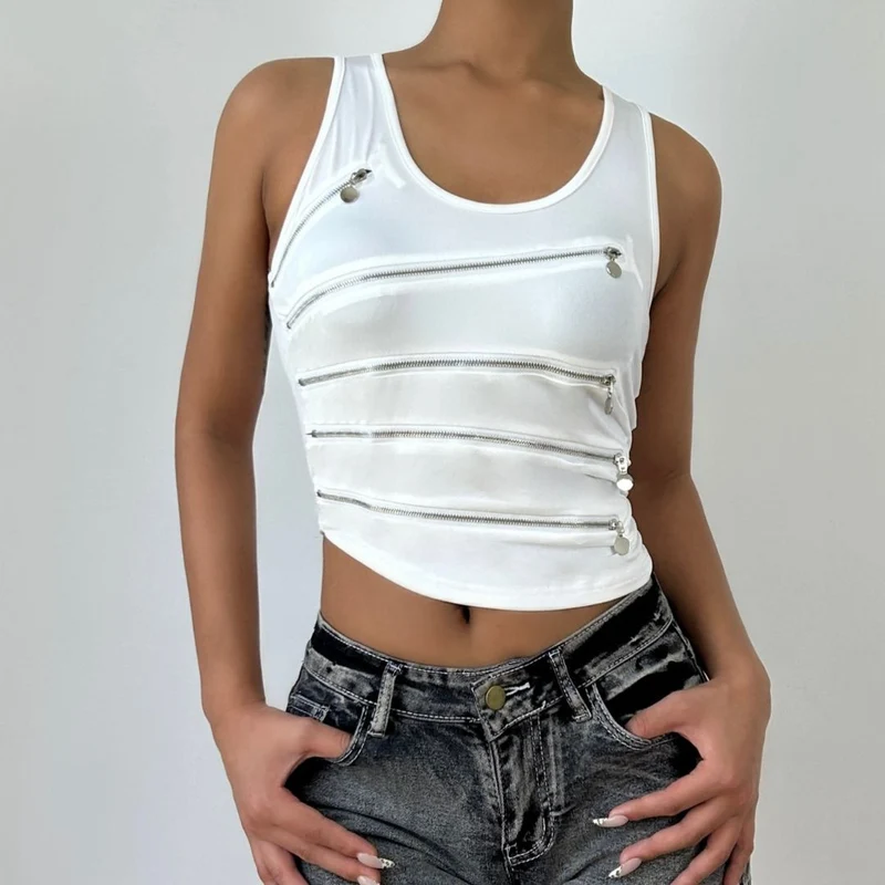 Zip-up hollow out u neck irregular solid cut out top-final-sale