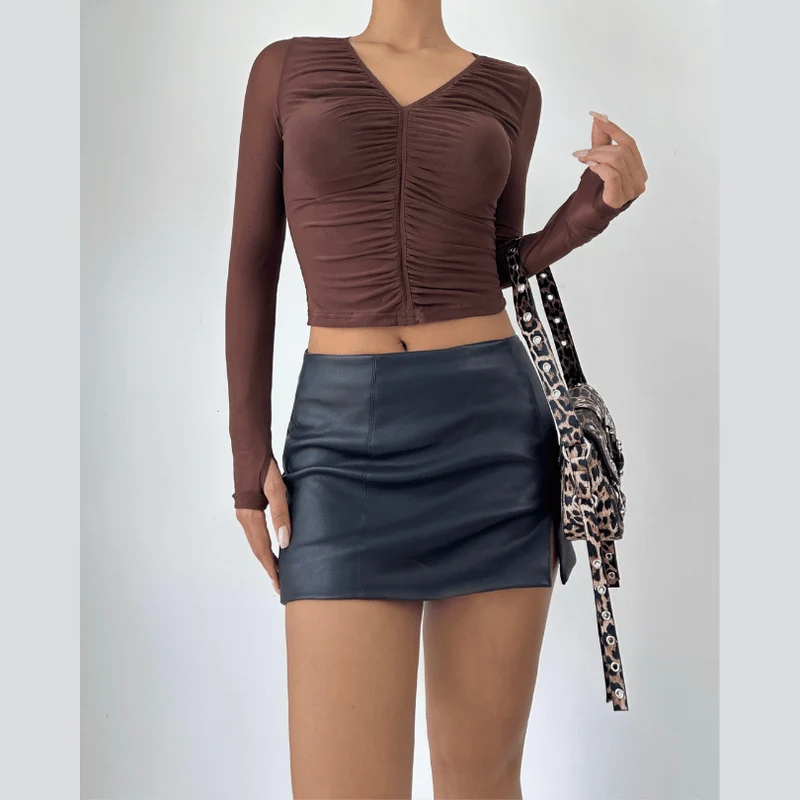 Sheer mesh long sleeve ruched v neck top-final-sale