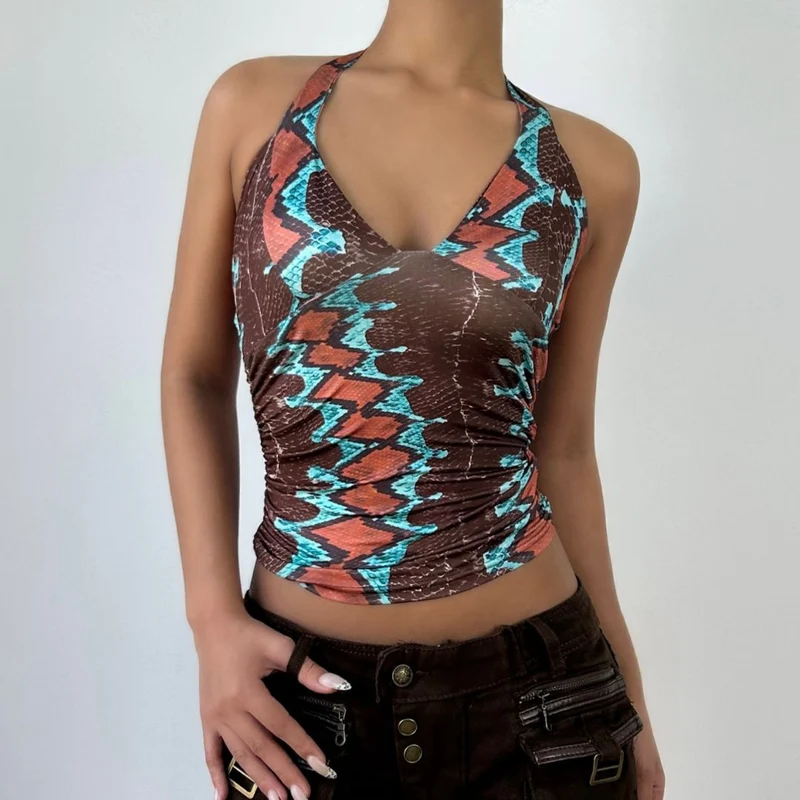 Halter ruched self tie v neck contrast top-final-sale