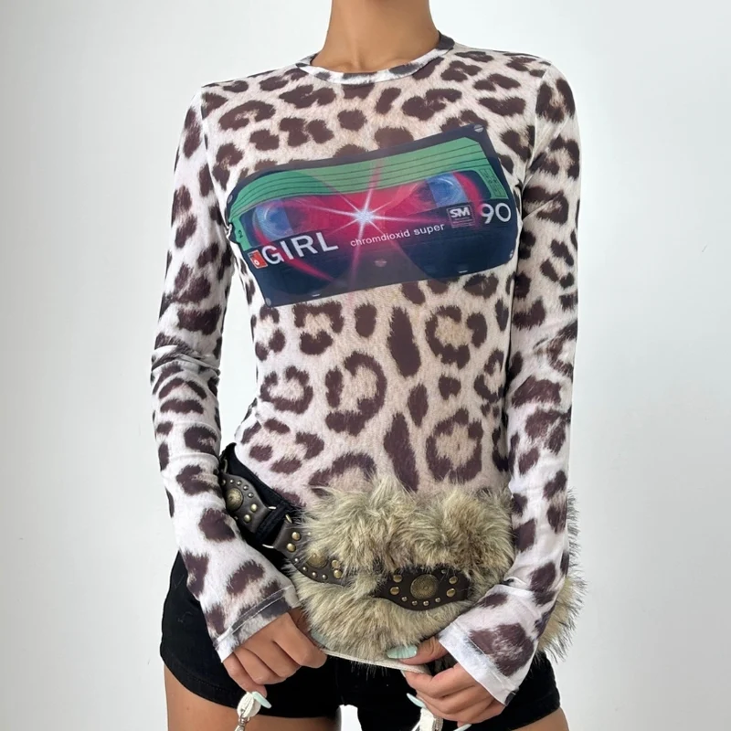 Leopard print mesh long sleeve top