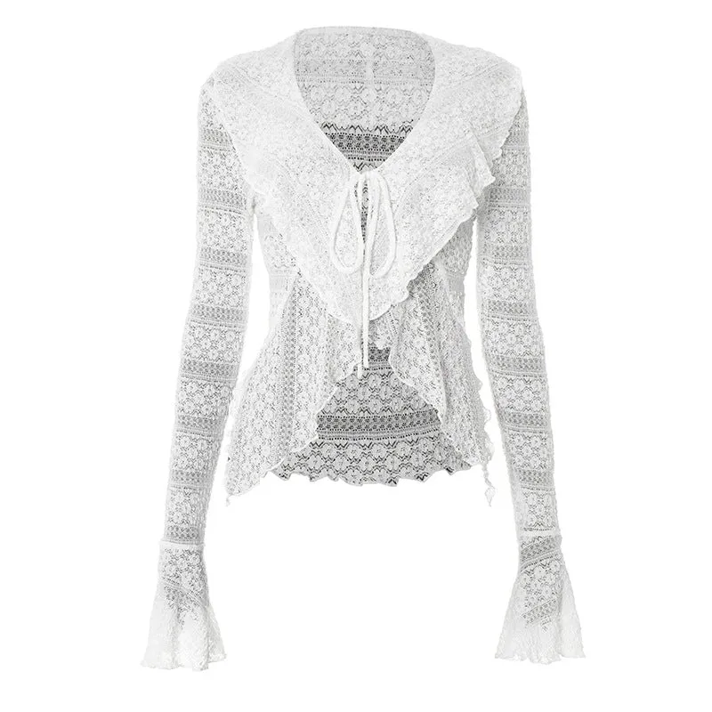 Sheer flared sleeve self tie v neck top-final-sale