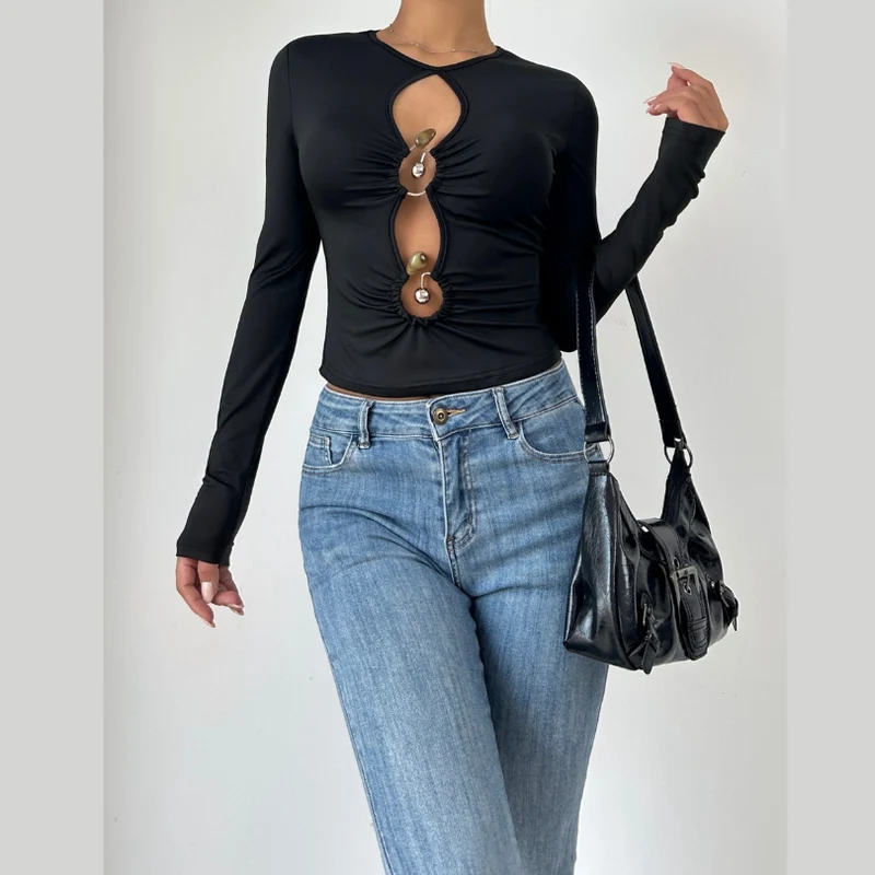 Cut out long sleeve ruched crewneck top-final-sale