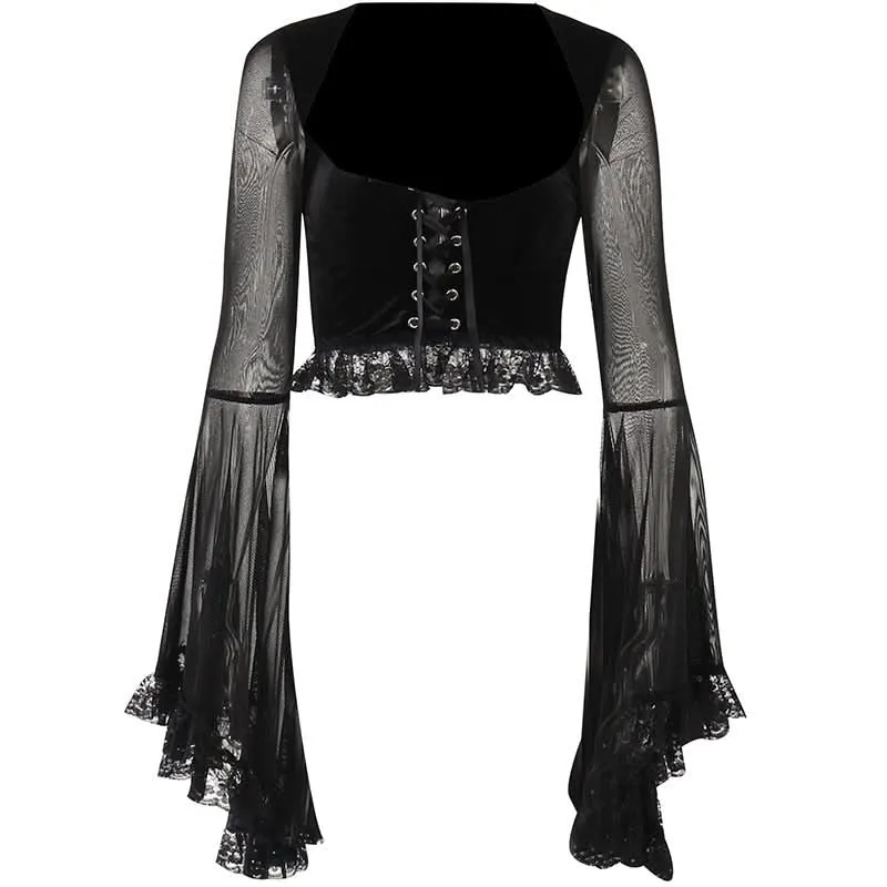 Lace long flared sleeve ruffle top-final-sale