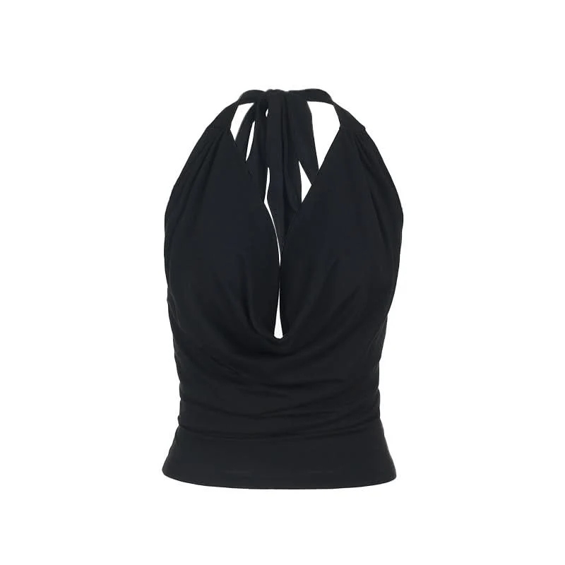 Cowl neck halter self tie solid backless top-final-sale