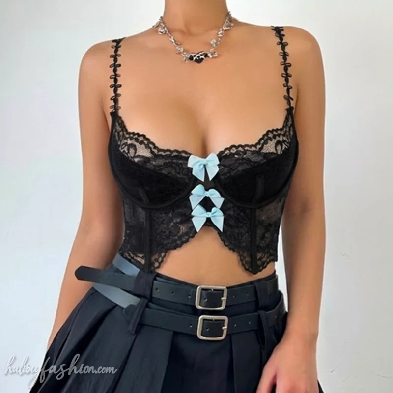 Lace bowknot contrast backless cami top