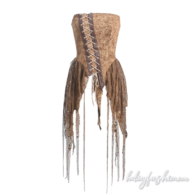 Denim lace up irregular zip-up tube top