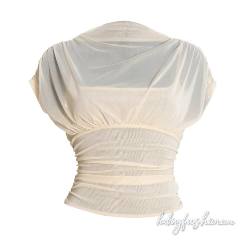 Ruched mesh crewneck solid top