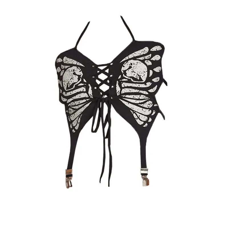 Halter butterfly print lace up backless top-final-sale