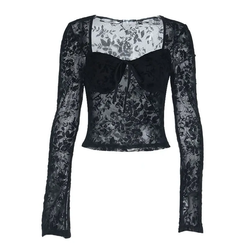Long sleeve v neck print black top-final-sale