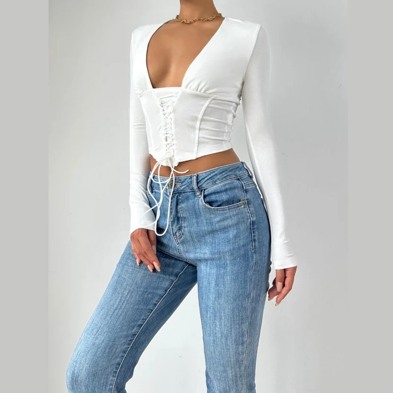 Lace up corset long sleeve top-final-sale