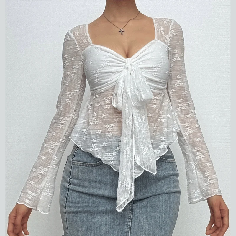 Long sleeve knotted flower pattern top-final-sale