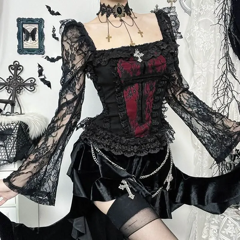 Lace hem square neck long sleeve top-final-sale