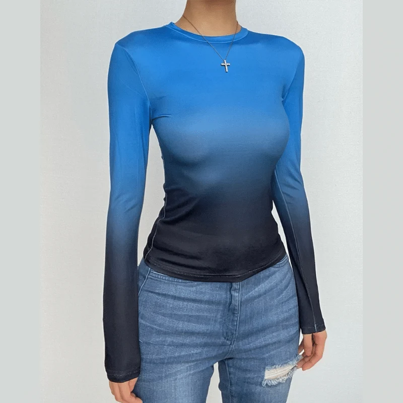 Going out gradient long sleeve contrast crewneck top-final-sale