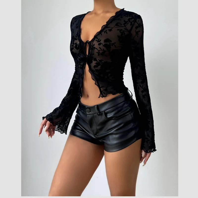 Long sleeve ruffle v neck print self tie top