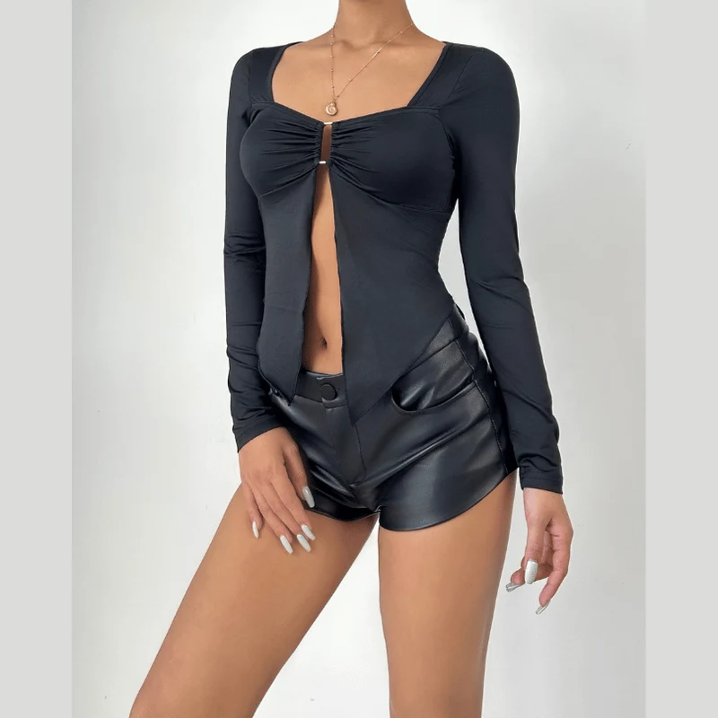 Long sleeve v neck ruched hollow out cut out top