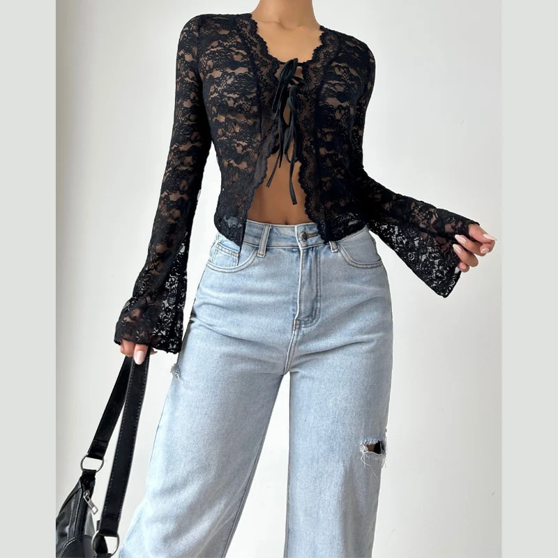 Long sleeve self tie lace crop top