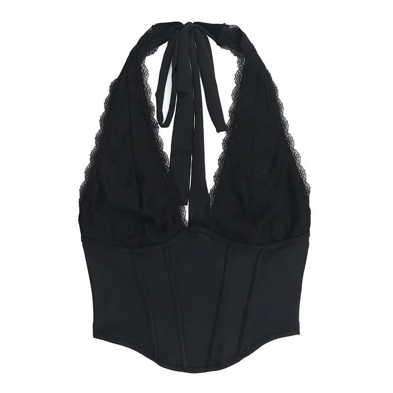 Halter self tie lace hem deep V neck corset top-final-sale