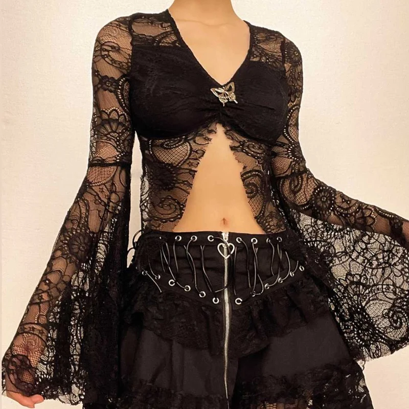 Flared sleeve lace slit v neck solid crop top-final-sale