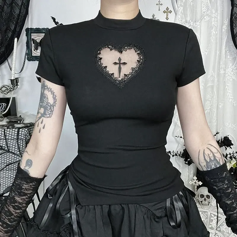 Short sleeve crewneck sweetheart pattern top