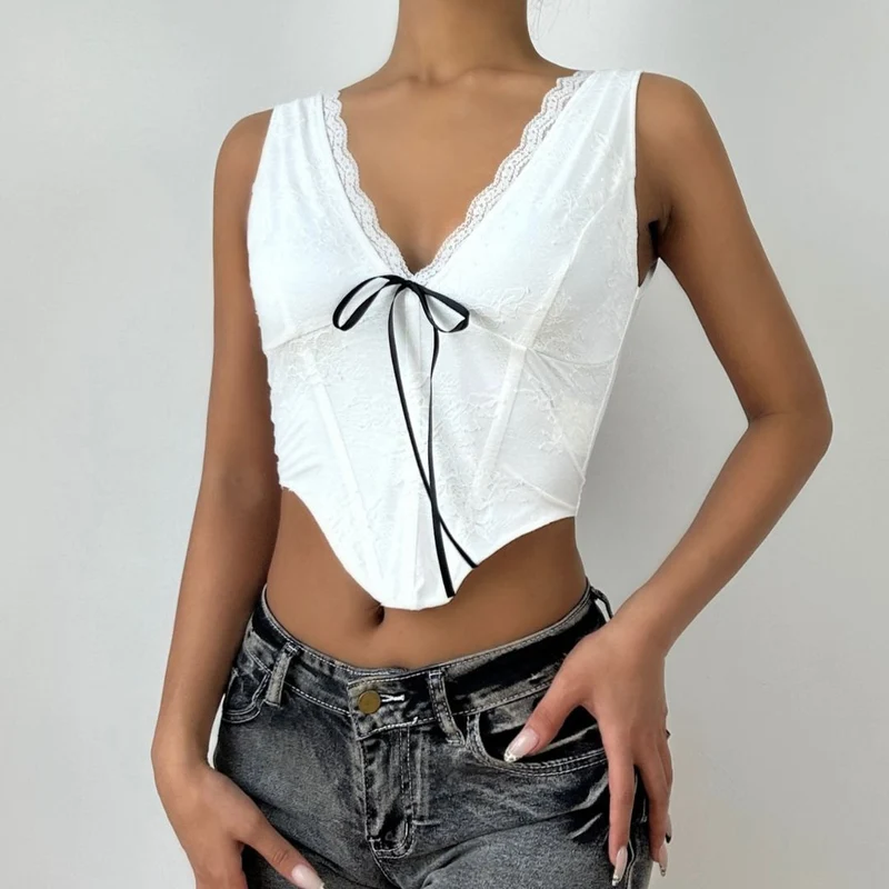 Lace hem v neck corset ribbon tank top-final-sale