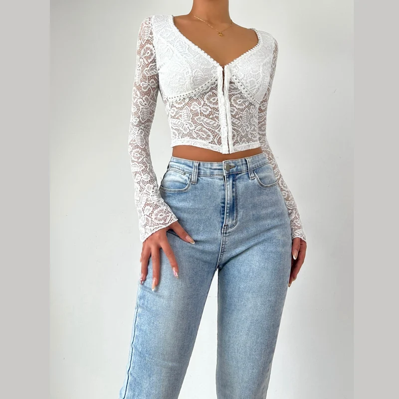 Lace v neck button long sleeve top-final-sale