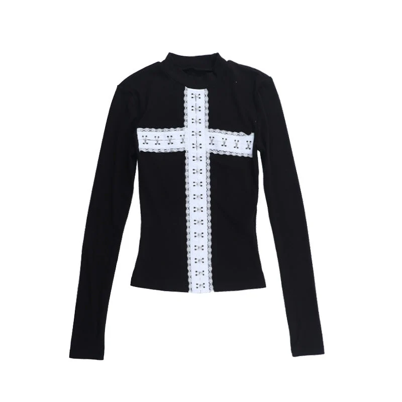 Long sleeve crewneck cross pattern top
