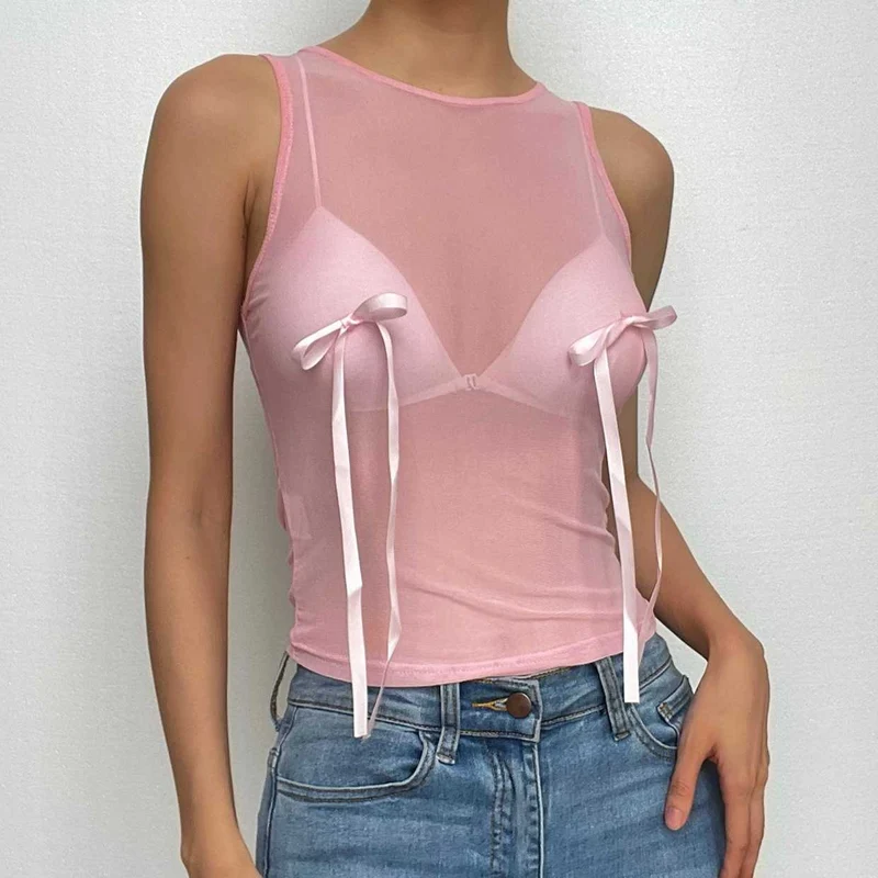 Sheer mesh see through bowknot sleeveless top - Final Sale