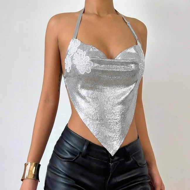 Backless cowl neck halter embroidery top