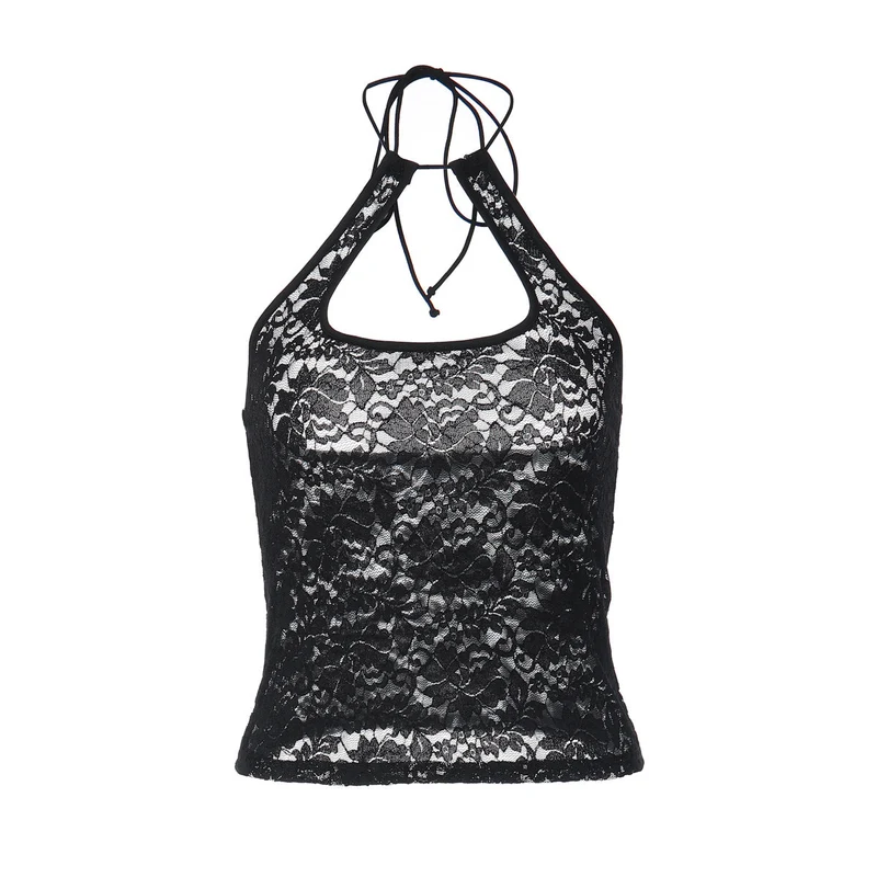 Lace see through halter self tie backless top