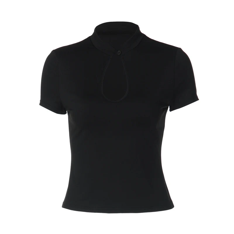 Short sleeve hollow out button solid top