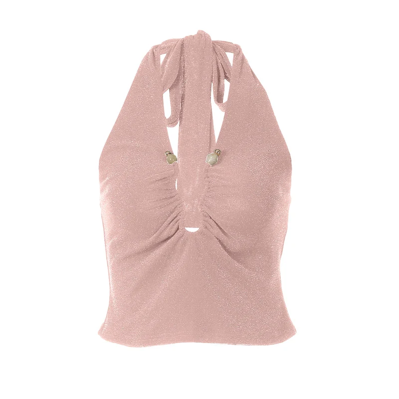 Backless ruched halter self tie v neck top