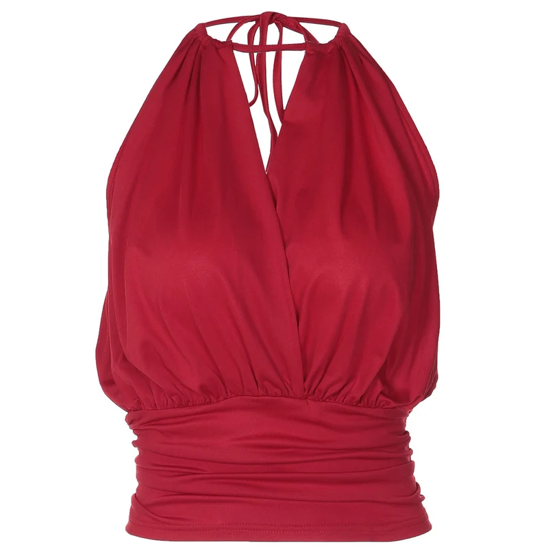 Self tie halter ruched v neck backless top
